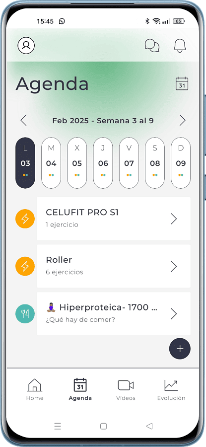 Agenda semanal con pautas de alimentación y ejercicios en la App de Celufit